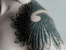 Черно-белая тату на плече в виде нескольких перьев